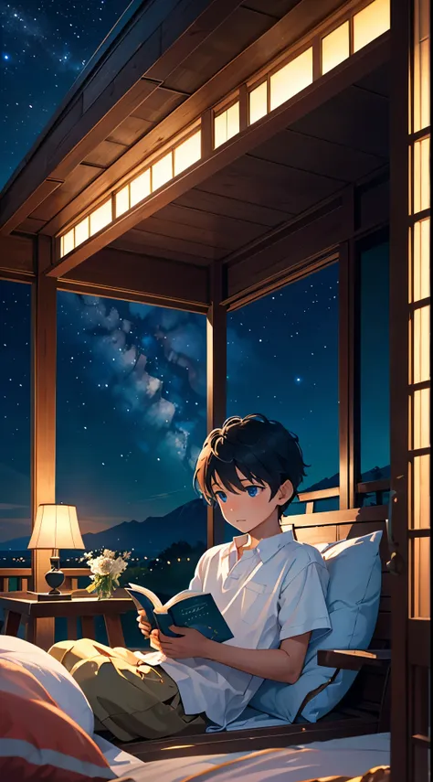 craft a spellbinding image: a  boy engrossed in a book on a veranda bed, under a celestial sky adorned with radiant stars. dive ...