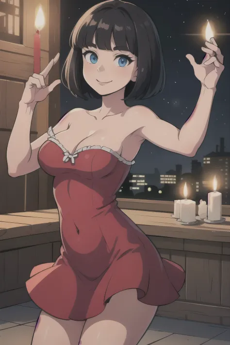 ((best quality)), ((masterpiece)), (detailed), perfect face, 1 girl, solo, teenager, black hair, bob cut, bob hair, blue eyes, smile, in a flamenco dress, off the shoulder dress, red dress, a longer body, teenager, bare shoulders, and being so beautiful, c...