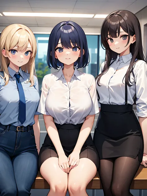 Three office ladies compete for one man.。The three women are wearing casual clothes..。three women looking at a man。The location is the office。