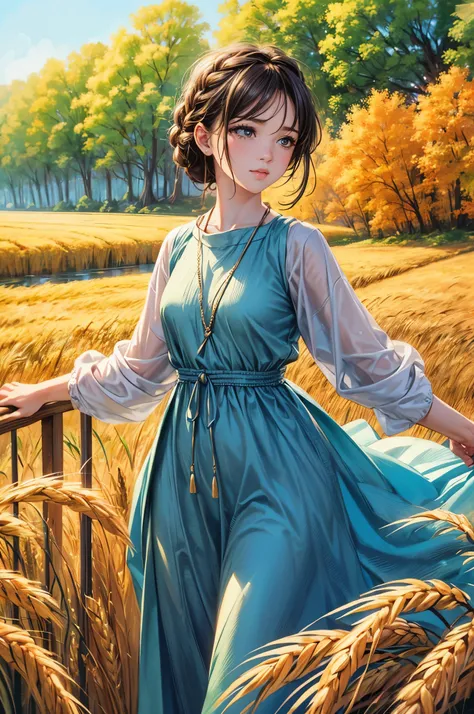 1girl,20s,tall and attractive,wearing cute country clothes,braided hair,standing in a serene farm environment. She has a soft, gentle smile and expressive eyes. The background consists of a charming barn, golden wheat fields, and clear blue sky. The compos...