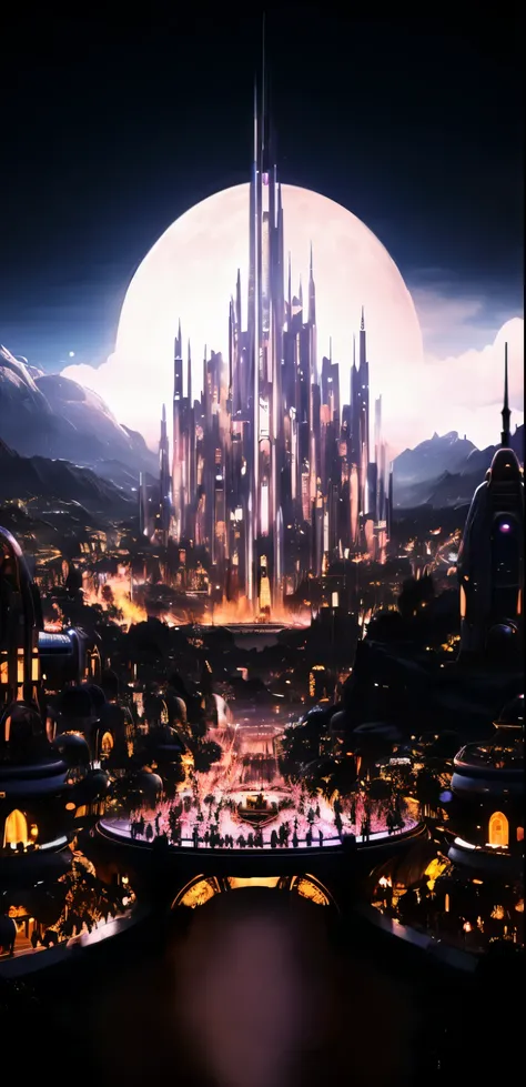 a view of a city with a giant moon in the background, in fantasy sci - fi city, huge futuristic temple city, beautiful city of the future, big and structured valhalla city, futuristic utopian metropolis, otherwordly futuristic city, ancient sci - fi city, ...