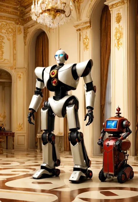 mechanized aristocracy, 
BREAK accompanied by a robot butler, on a luxurious palace