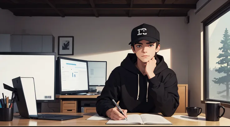 manly handsome looking 20 year old male business character, a cap, black hoodie. he is sitting behind his laptop in his studio, ...