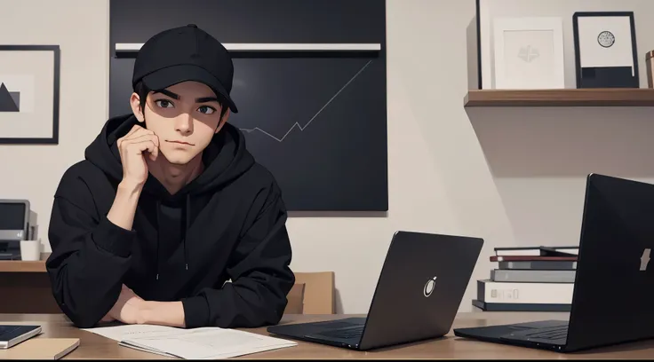 Manly handsome looking 20 year old male business character, a cap, black hoodie. He is sitting behind his laptop in his studio, working in laptop, arms on his desk, using a laptop. It is night. The room is minimalistic. He is front facing to the camera, lo...