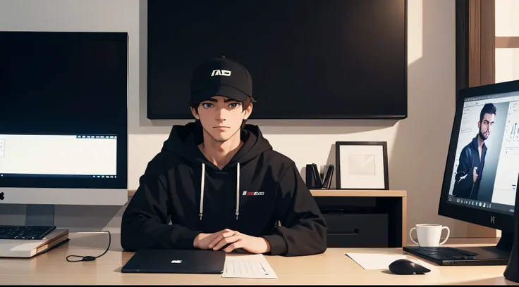 Manly handsome looking 20 year old male business character, a cap, black hoodie. He is sitting behind his laptop in his studio, working in laptop, arms on his desk, using a laptop. It is night. The room is minimalistic. He is front facing to the camera, lo...