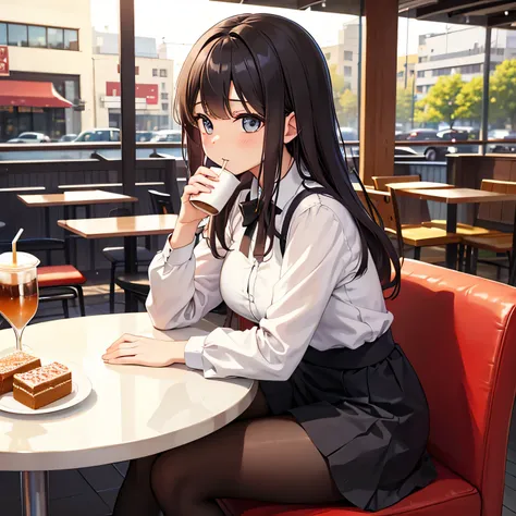 A woman is drinking coffee in a cafe。There is a cake on the table that the woman can eat..。women wear miniskirts。