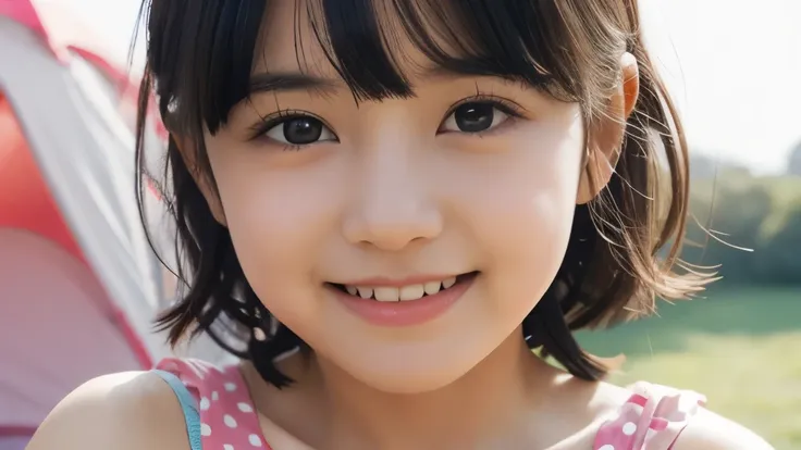 6year old girl，twin girls，long eyelasher，large black eyes，short black bangs，skin detailed，hand detail，wearing a polka-dot dress ...