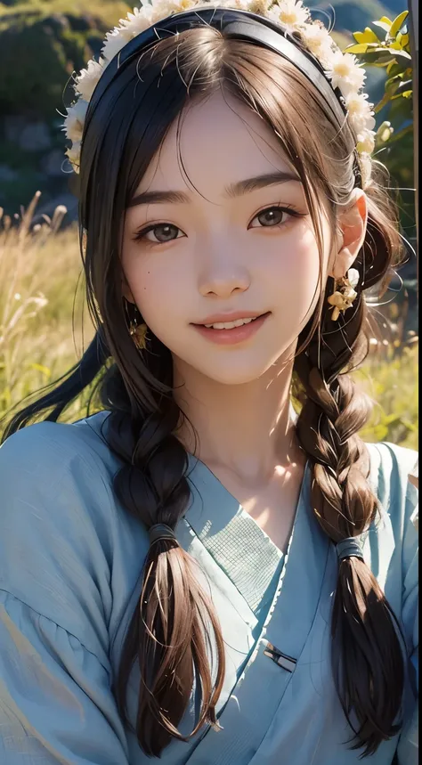 beautiful girl in a primitive costume made of hemp, with Japanese dog, front face, photo, an extremely delicate and beautiful, extremely detailed, Amazing, extremely detailed skin, (18 years old:1.2), cute girl, famous Japanese idol, kawaii, fair skin, shi...