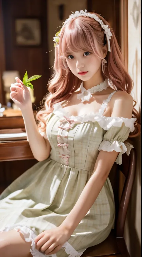 (masutepiece, Best Quality, masutepiece,Best Quality,offcial art, 8K wallspapers), girl,Chiquita，With long hair in the take, Pink hair, Wavy Hair, Small breasts,(Dynamic Color Lolita Costume), Bare legs, Skirt lift,European Restaurant，candelabra，walls，tabl...