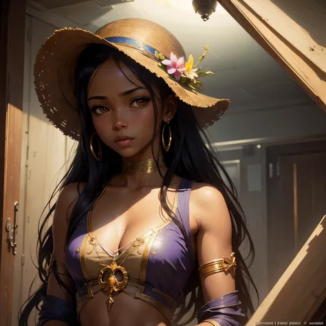 Beautiful Carribean woman with dark skin and striking eyes, interior background, art by akihiko yoshida, manga art style, color field illustration, scary atmosphere, global illumination, by frank frazetta, art by goro fujita, glamor shot, banner, blur, ani...