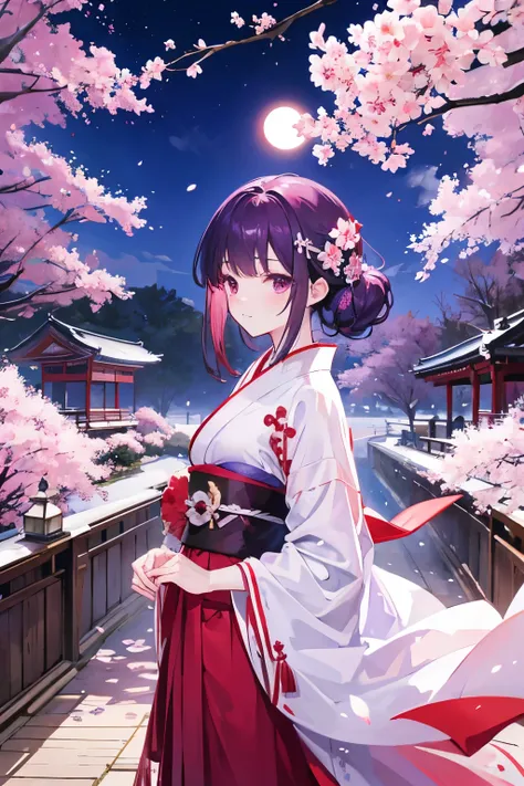 dark purple hair, white red kimono dress, shrine background, masterpiece, best quality, high quality, moonlight, cherry blossoms flowing