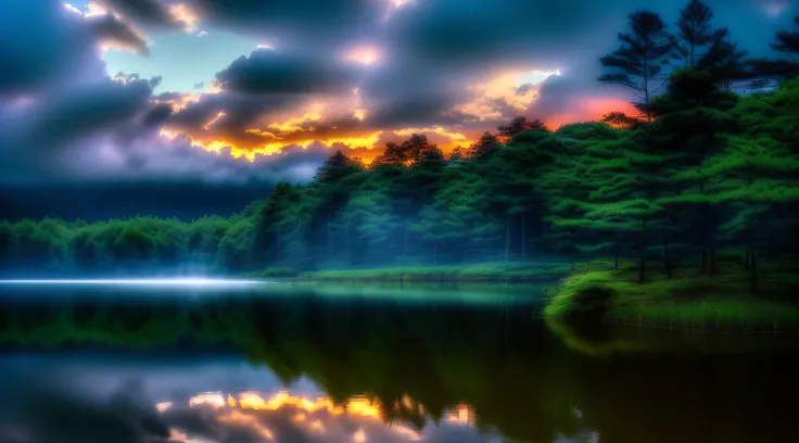 Wallpapers， 夏天， lake， Zori， at a forest， 详细at a forest， ​​clouds， tmasterpiece， 电影灯光， Soft lighting， depth of fields， ray traycing， Reflection in the water， actual， Ulla detailed，