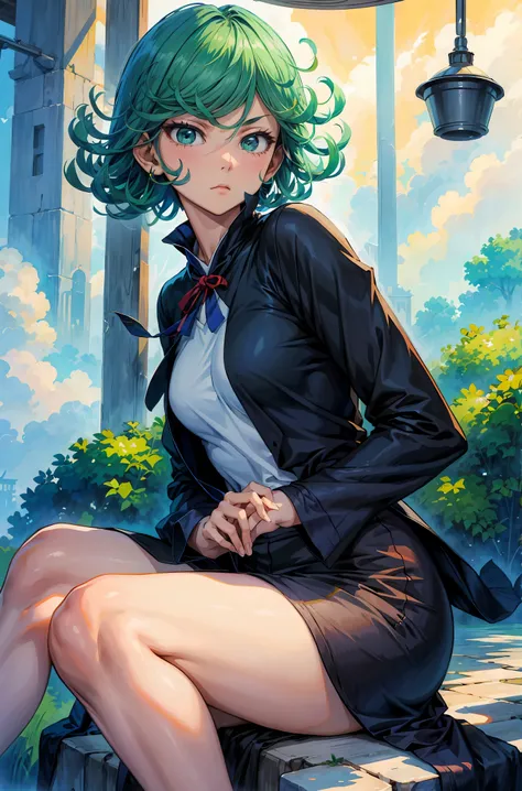 (Masterpiece, Best Quality:1.2), 独奏, 1girl, tatsumaki, unamused, closed mouth, looking a viewer, sitting, 她穿着敦煌飞天衣服, thights, широкие thights, spermatozoa on the legs