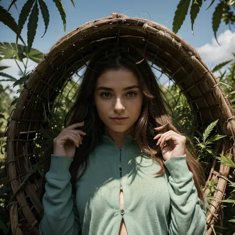 Créez une image artistique dune femme dans un champ de cannabis, entourée de grosses têtes de weed luxuriantes. Elle est vêtue dune tenue élégante de couleur verte, évoquant la nature et la vitalité. La femme, avec une expression de sérénité et de connexio...