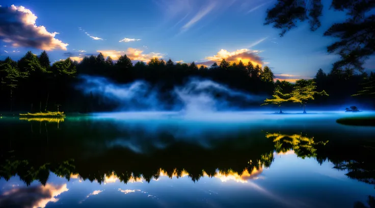 Wallpapers， 夏天， lake， Zori， at a forest， 详细at a forest， ​​clouds， tmasterpiece， 电影灯光， Soft lighting， depth of fields， ray traycing， Reflection in the water， actual， Ulla detailed，