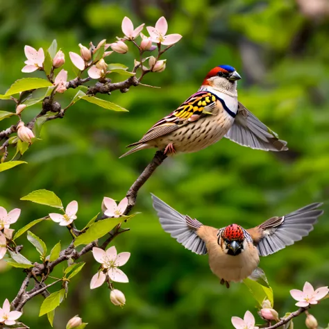 Sparrow:2 Bird Howling wings:open ((Sparrow bird_with_open_wings flying cherry_blossom wings_spread_upwards surrounded intertwined feather))::2 unrealengine5 ultra Cinamatic_Sunlight "Sparrow Bird Howling" ultra_high-def Van_Gogh Masterpiece Town deep path...