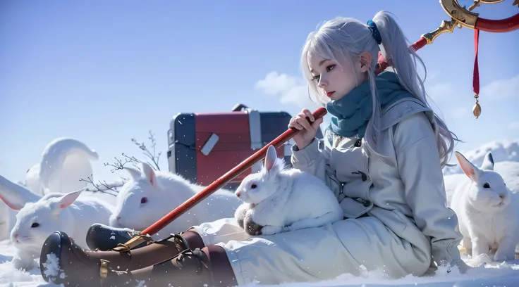 small girl (Frieren),Elf, sitting on snow, white hair, surrounding by small white rabbits