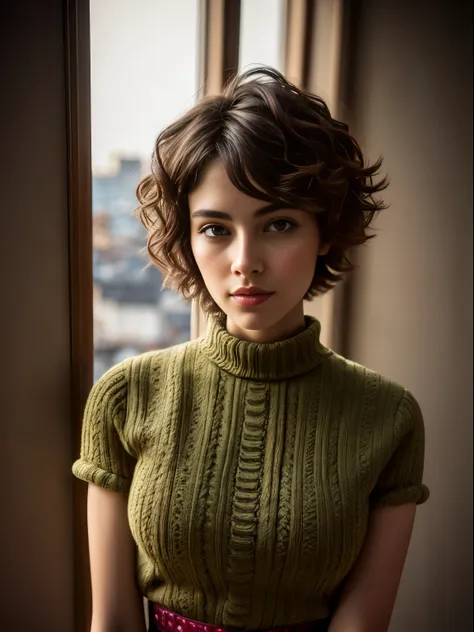 a waist-high portrait of a spanish girl with wavy short hair, natural skin texture, 4k textures, hdr, intricate, highly detailed...