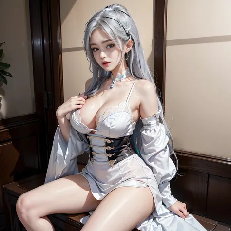 Photorealsiticです, High resolution, 1womanl, 独奏で, hips up high, view the viewer, (Detailed face), White hair, Long hair, maid clothes, Jewelry、Blue eyes、white  hair、silber hair、((Beautiful breasts :1.1)), (Exposed breasts）0p、mix４, (Best Illustration: 1.1), ...