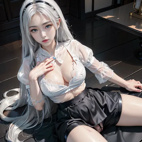 Photorealsiticです, High resolution, 1womanl, 独奏で, hips up high, view the viewer, (Detailed face), White hair, Long hair, maid clothes, Jewelry、Blue eyes、white  hair、silber hair、((Beautiful breasts :1.1)), (Exposed breasts）0p、mix４, (Best Illustration: 1.1), ...