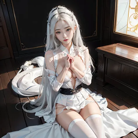 Photorealsiticです, High resolution, 1womanl, 独奏で, hips up high, view the viewer, (Detailed face), White hair, Long hair, maid clothes, Jewelry、Blue eyes、white  hair、silber hair、((Beautiful breasts :1.1)), (Exposed breasts）0p、mix４, (Best Illustration: 1.1), ...