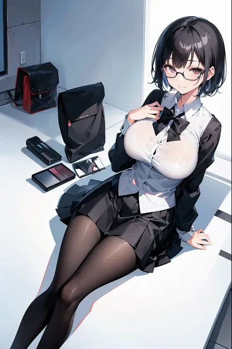 1 Japanese girl, glasses, evil smile, full body, sitting, (slim body:1.2), (huge breasts:1.1), (slender legs:1.1), short hair, black hair, school uniform, white long sleeve shirt, pleated skirt, (black tights:1.1),