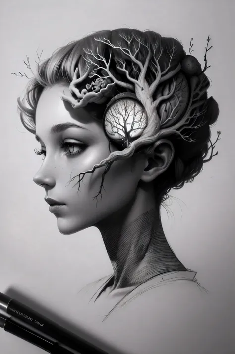 The union of trees and brains，a a sketch，a sketch，pencil，imagination，Black and white