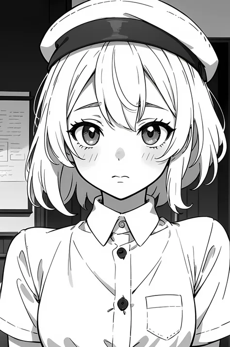 ((best quality)), (masterpiece), woman, matured woman, solo, small breast, white clothing, employe, (panel cap:1.2), white shirt with single button, tucked in, short sleeves, facing front, looking at the camera, face, monochrome, line art, manga, anime, hi...