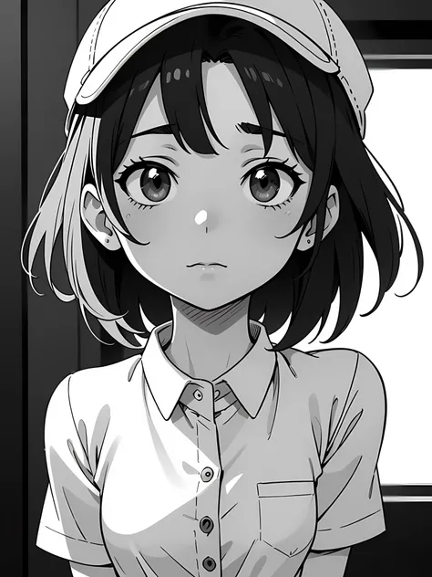 ((best quality)), (masterpiece), woman, matured woman, solo, small breast, white clothing, employe, (panel cap:1.2), white shirt with single button, tucked in, short sleeves, facing front, looking at the camera, face, monochrome, line art, manga, anime, hi...