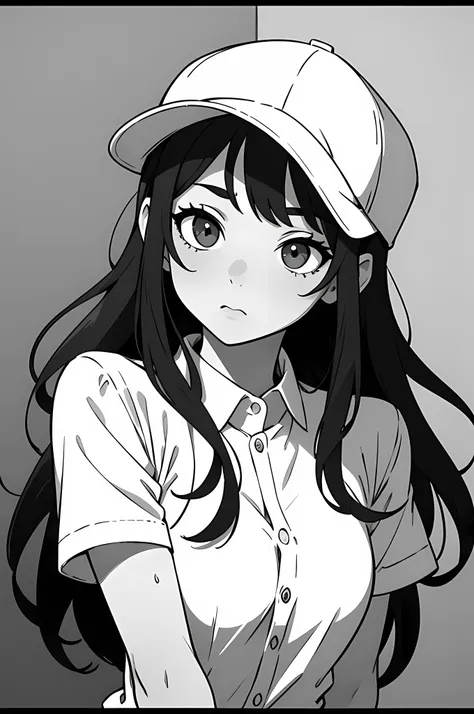 ((best quality)), (masterpiece), woman, matured woman, solo, small breast, white clothing, employe, (panel cap:1.2), white shirt with single button, tucked in, short sleeves, facing front, looking at the camera, face, monochrome, line art, manga, anime, hi...