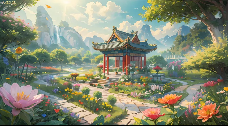 ((Best quality at best)), ((tmasterpiece)), (The is very detailed:1.3), 3D, (Chinese currency), flight, flower garden, rays of sunshine