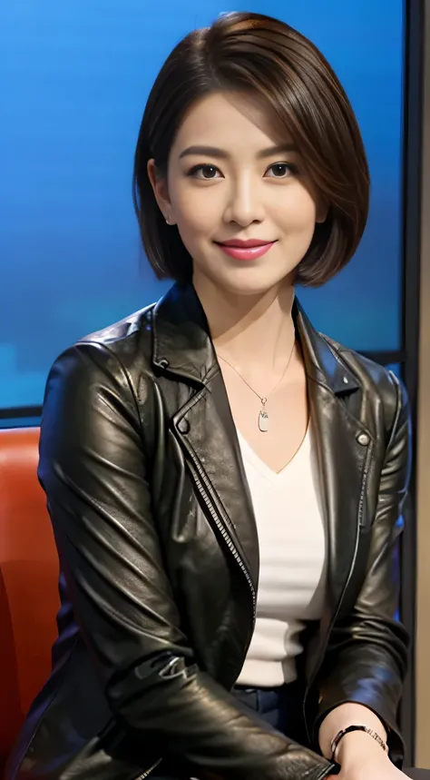 The highest image quality、超A high resolution、1girl in、美丽的面容、Shorthair､leather long sleeve jacket announcer、Sitting in the studio