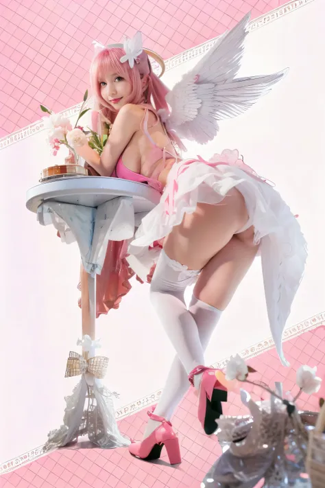 Arafi angel sitting at a table with a basket of flowers, anime barbie in white stockings, heaven pink, Trending on CGSTATION, angel knight girl, Angel Girl, guweiz, pixiv 3dcg, anime barbie in white, of beautiful angel, anime goddess, beautiful cyborg Ange...