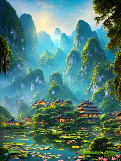 Lotus Pond, Ninh Binh landscape, Vietnam, Tam Coc, Bich Dong, karst topography, centered, symmetry, painted, intricate, volumetric lighting, beautiful, rich deep colors masterpiece, sharp focus, ultra detailed, in the style of dan mumford and marc simonett...