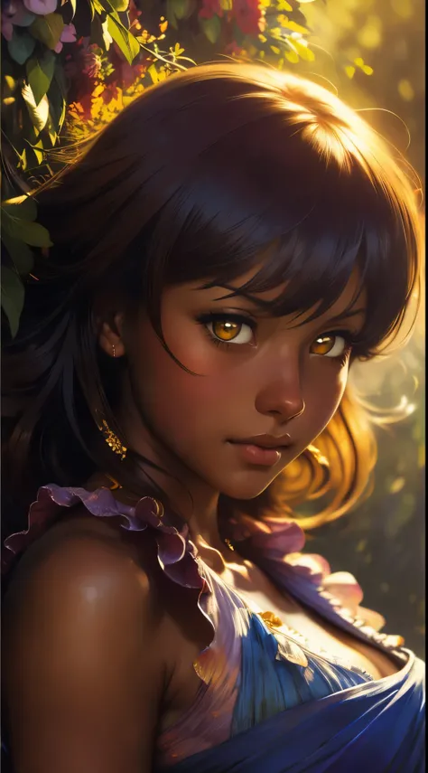 ((Solo Beautiful Carribean woman with dark skin and striking eyes)),  shadowed interior background, art by akihiko yoshida, manga art style, colorfield illustration, scary atmosphere, global illumination, by frank frazetta, art by goro fujita, glamor shot,...