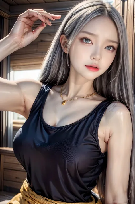 realistic, 1 women, best quality, 12k, HD, long hair, big round breasts, cleavage, ponytail, necklace, jewelry, shorts, short jacket, slim hips, hair tie, yellow eyes, black hair, super detailed, Eye details, hair details, person details, mouth details, fa...