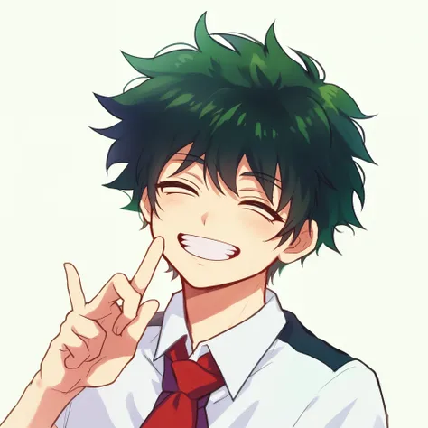 anime boy with green hair and red tie pointing at his index, izuku midoriya, boku no hero academia estilo, he's smiling, com o d...