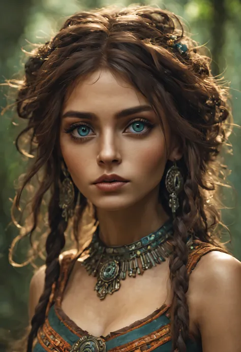 Beautiful Mayan girl, Beautiful Fantasypunk, Beautiful Mythpunk, Beautiful Punk Romance, natural face with makeup, clothes, detailed clothes, big realistic beautiful eyes, shiny eyes, ultra atmospheric details, beautiful facial proportions, super detailed ...