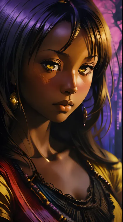 ((Solo Beautiful Carribean woman with dark skin and striking eyes)),  shadowed interior background, art by akihiko yoshida, manga art style, colorfield illustration, scary atmosphere, global illumination, by frank frazetta, art by goro fujita, glamor shot,...