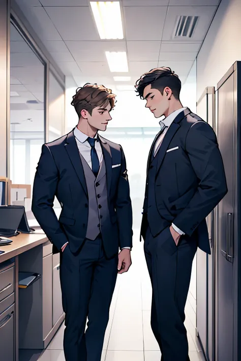 Young male designer and young male assistant，Two male young adults，s the perfect face，dressed in a suit，Discussing work in the office，Height 180，Handsome and tall