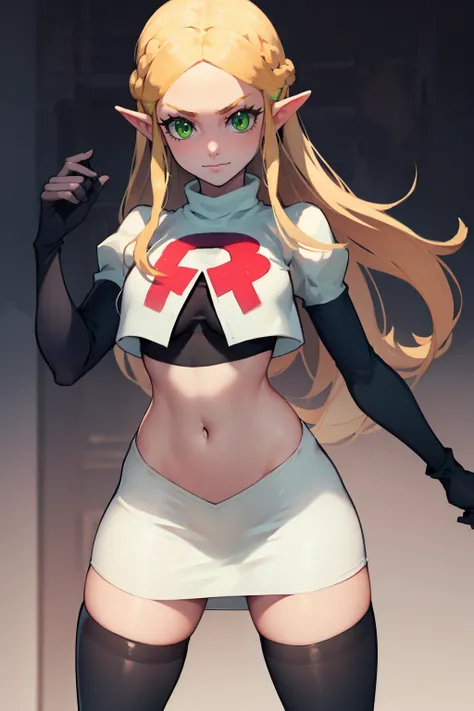 zelda, green eyes, team rocket,team rocket uniform, red letter r, white skirt,white crop top,black thigh-high boots ,black elbow...