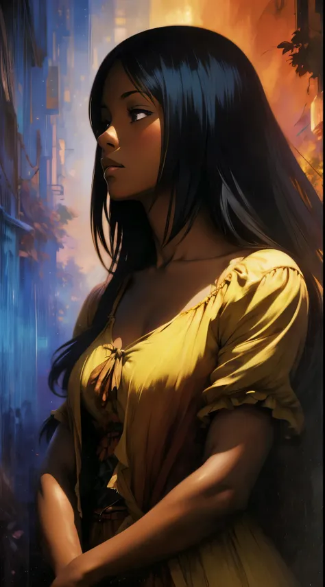 ((Solo Beautiful Carribean woman with dark skin and striking eyes)),  shadowed interior background, art by akihiko yoshida, manga art style, colorfield illustration, scary atmosphere, global illumination, by frank frazetta, art by goro fujita, glamor shot,...