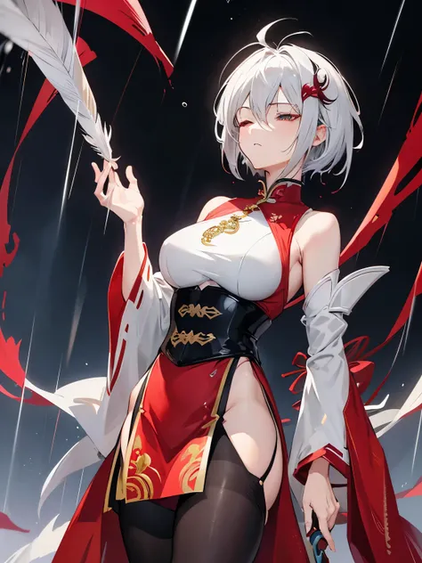 Anime style、Silver super saiyan-like very short hair、Mature Woman、Waist-length pheasant tail feather hair ornament with red as the base color、Chinese-style armor with red as its base color、thick thight、Black tights、big raindrops rain、dark sky、Looks like he...