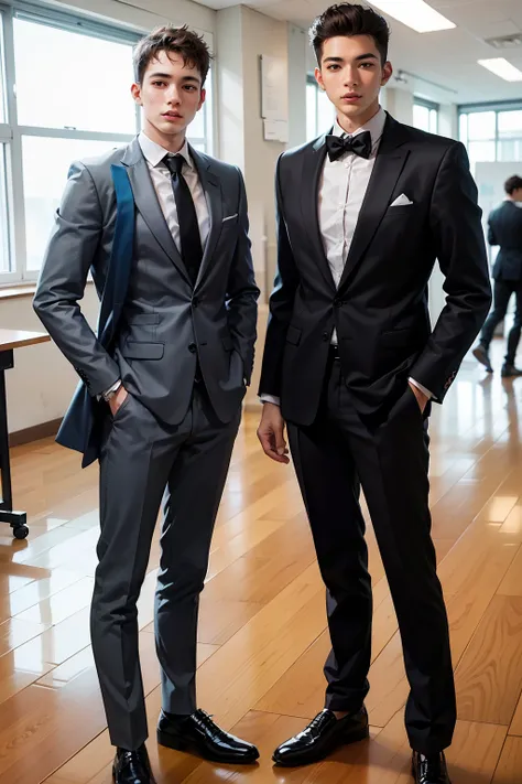 Young male designer and young male assistant，Two male young adults，s the perfect face，dressed in a suit，Discussing work in the office，Height 180，Handsome and tall