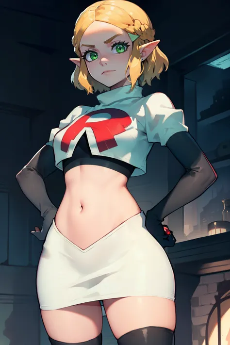 Zelda, green eyes, short hair team rocket,team rocket uniform, red letter R, white skirt,white crop top,black thigh-high boots ,black elbow gloves, sinister villianess look, hands on hips