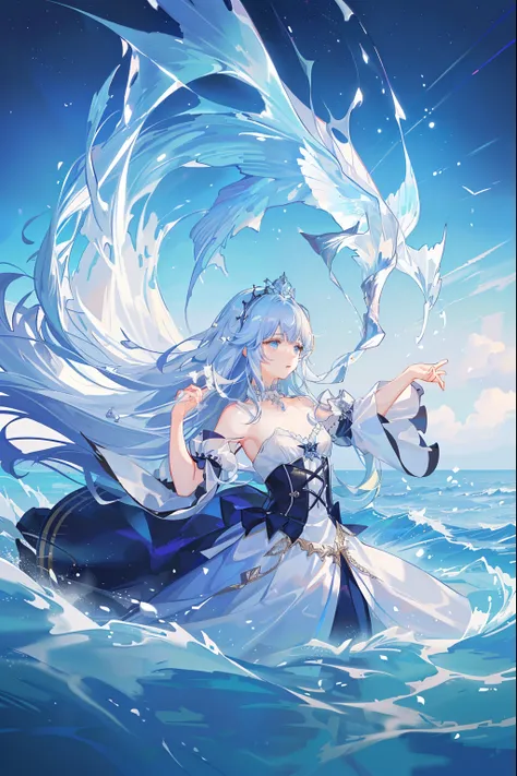 (((extreme picture quality, Extreme Quality, The Boys)), (crown on white background, choker necklace, pearls, decor, of shoulders, A lot of detail), (Female upper body only, Stunning sea views and boats, The fish), ((Long curly blue hair, Ocean blue, Gorge...