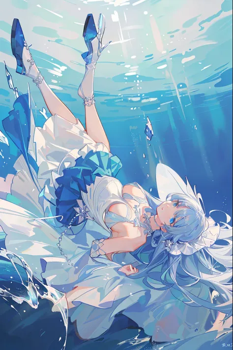 (((extreme picture quality, Extreme Quality, The Boys)), (crown on white background, choker necklace, pearls, decor, of shoulders, A lot of detail), (Female upper body only, Stunning sea views and boats, The fish), ((Long curly blue hair, Ocean blue, Gorge...