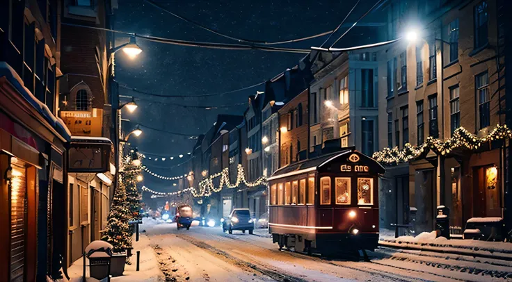 "create realistic images, A snowy night in the city with a Christmas atmosphere."