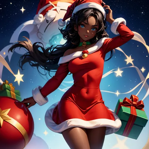 A Disney pixer 3D style image with a lady with dark skin and dark hair and dark curly eyes with a Santa hat on her head, Christmas atmosphere with the title :Eunice