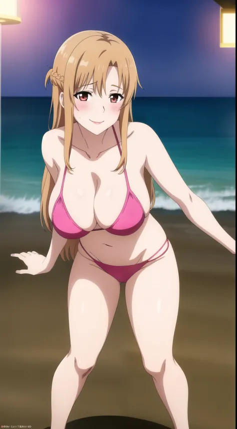 (best quality:1.5, highres, UHD, 4K, detailed lighting, shaders, perfect hand anatomy), asuna yuuki, light brown long hair, large breasts, thighs, crotch, sexy, erotic, lewd, seductice, ecchi, hentai, porn, pink bikini, smiling, hot, horny, pov, blushing, ...